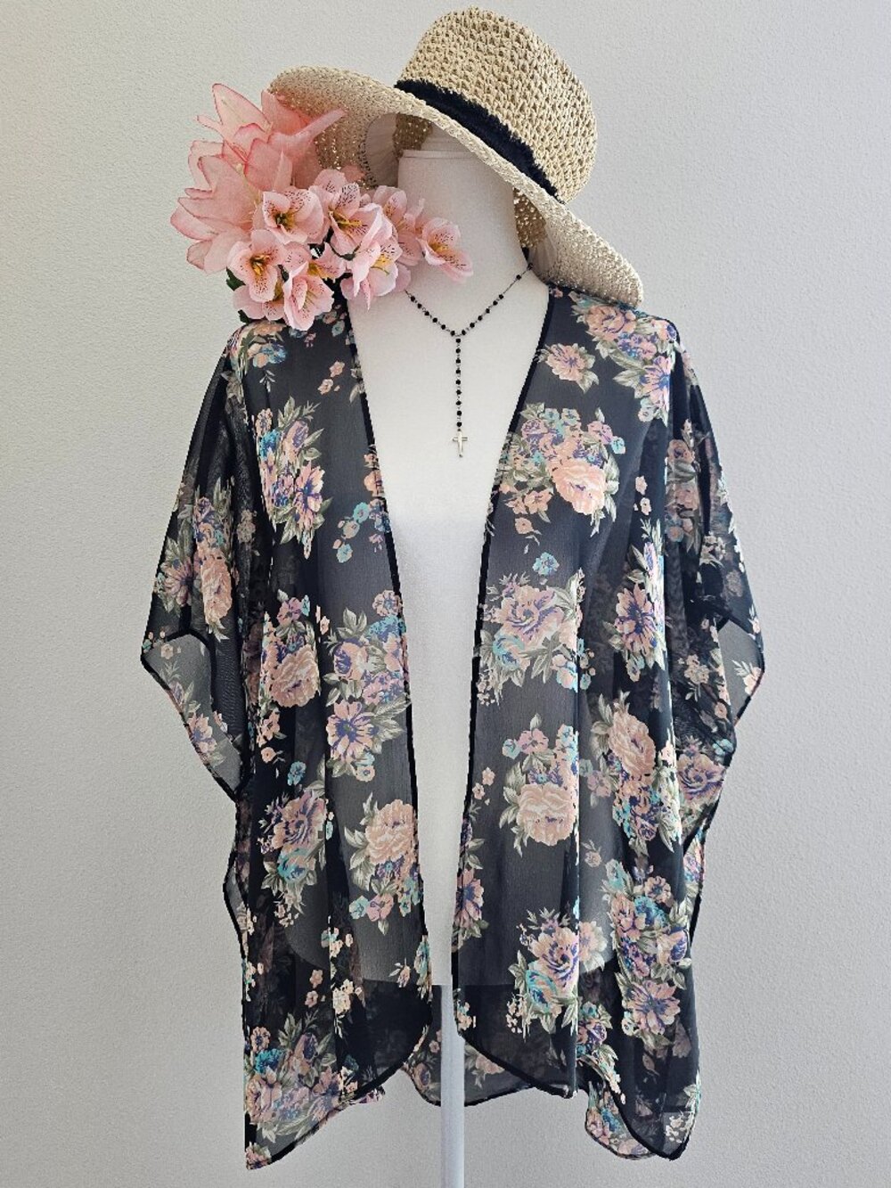 Floral Kimono Cardigan - Sheer Flowy Lightweight Cover-up Size M